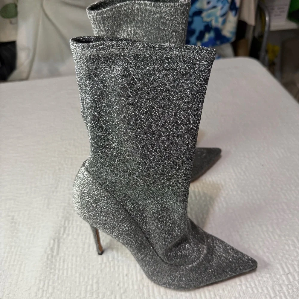 $258 SCHUTZ Silver Metallic Stretch Heeled Ankle Booties 9.5 NWT